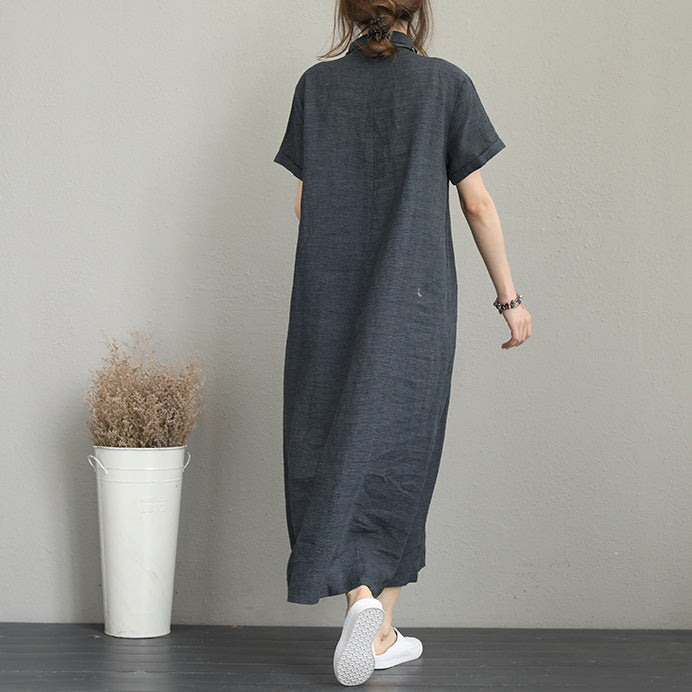 Baggy Dark Gray Long Linen Dresses Side Tie Waist Maxi Dress Lapel Collar Linen Caftans