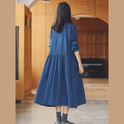 Baggy Denim Blue Long Cotton Linen Dresses Turn-down Collar Tie Waist Traveling Dress Fine Long Sleeve Baggy Dresses