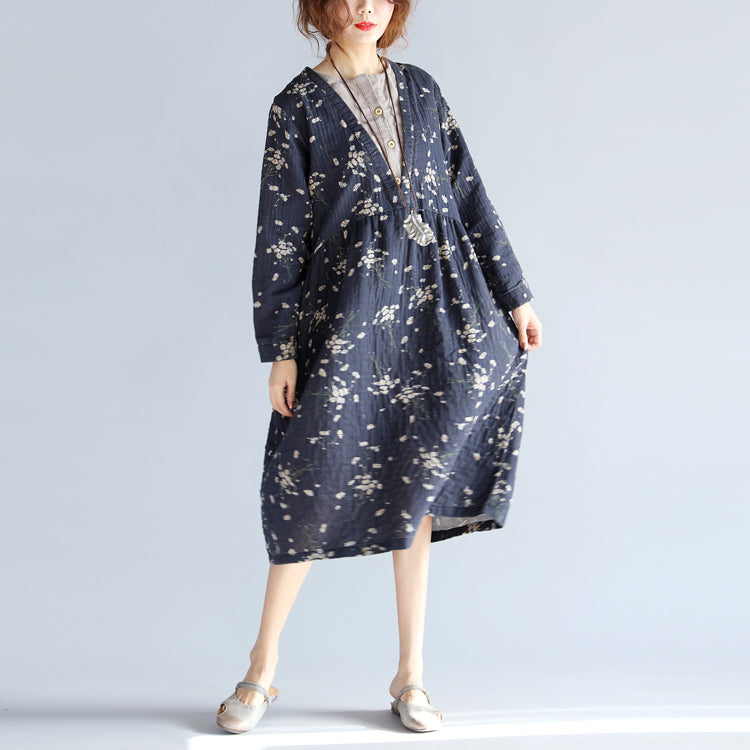 Baggy Gray Blue Print Cotton Linen Dress O Neck Baggy Dresses Traveling Clothing Long Sleeve Pockets Dresses