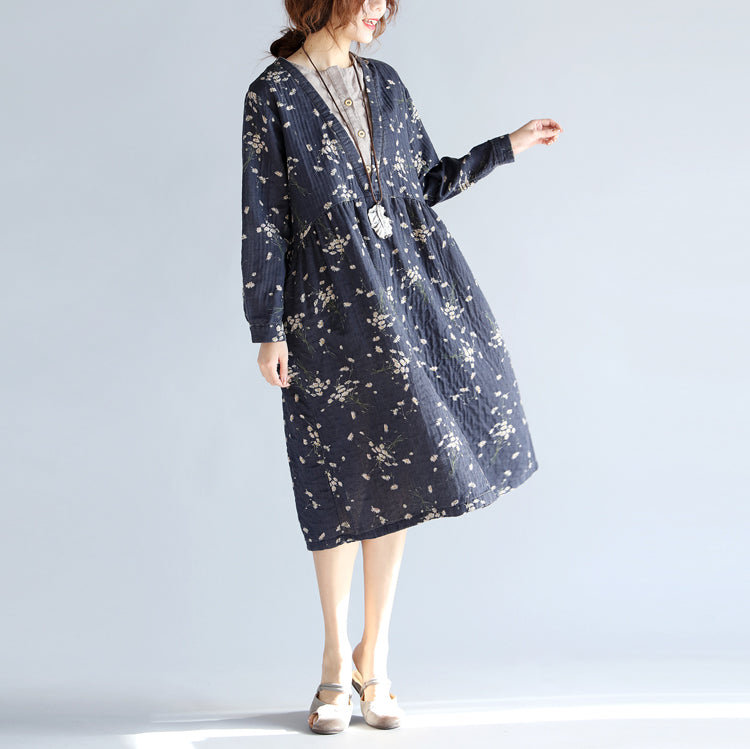 Baggy Gray Blue Print Cotton Linen Dress O Neck Baggy Dresses Traveling Clothing Long Sleeve Pockets Dresses