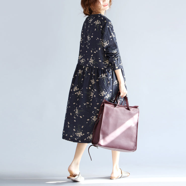 Baggy Gray Blue Print Cotton Linen Dress O Neck Baggy Dresses Traveling Clothing Long Sleeve Pockets Dresses