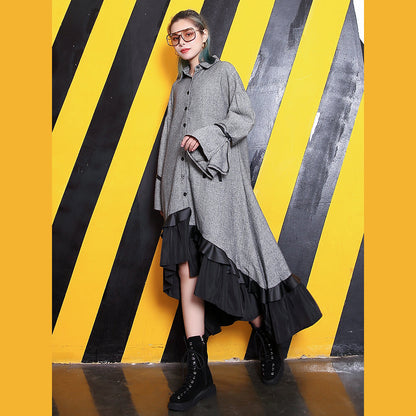 Baggy Gray Lapel Patchwork Traveling Clothing Fine Large Hem Baggy Dresses
