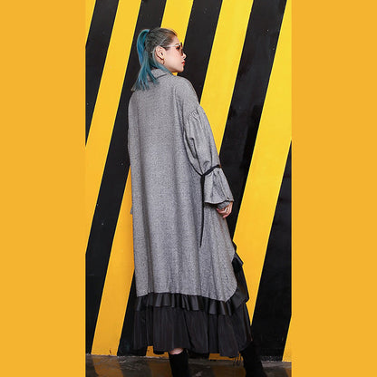 Baggy Gray Lapel Patchwork Traveling Clothing Fine Large Hem Baggy Dresses