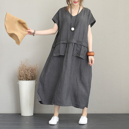 Baggy Gray Linen Maxi Dress Clothing V Neck Linen Clothing Dresses Fine Two Big Pockets Gown