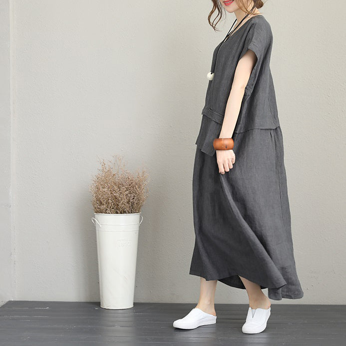 Baggy Gray Linen Maxi Dress Clothing V Neck Linen Clothing Dresses Fine Two Big Pockets Gown