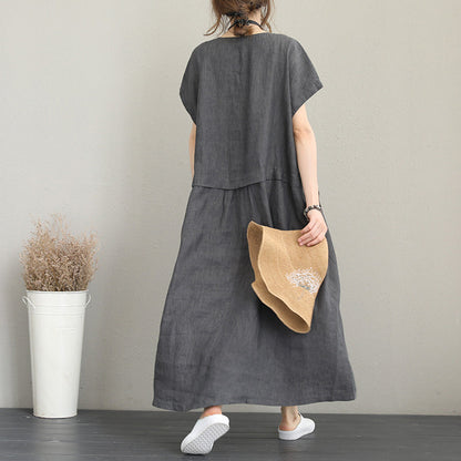 Baggy Gray Linen Maxi Dress Clothing V Neck Linen Clothing Dresses Fine Two Big Pockets Gown
