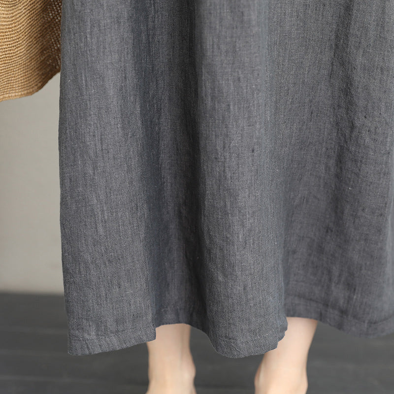Baggy Gray Linen Maxi Dress Clothing V Neck Linen Clothing Dresses Fine Two Big Pockets Gown