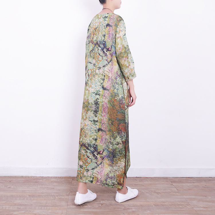 Baggy Green Linen Maxi Dress V Neck Gown Side Open Caftans