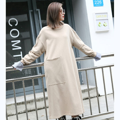 Baggy Khaki Cotton Caftans Clothing O Neck Traveling Clothing Pockets Patchwork Autumn Dress