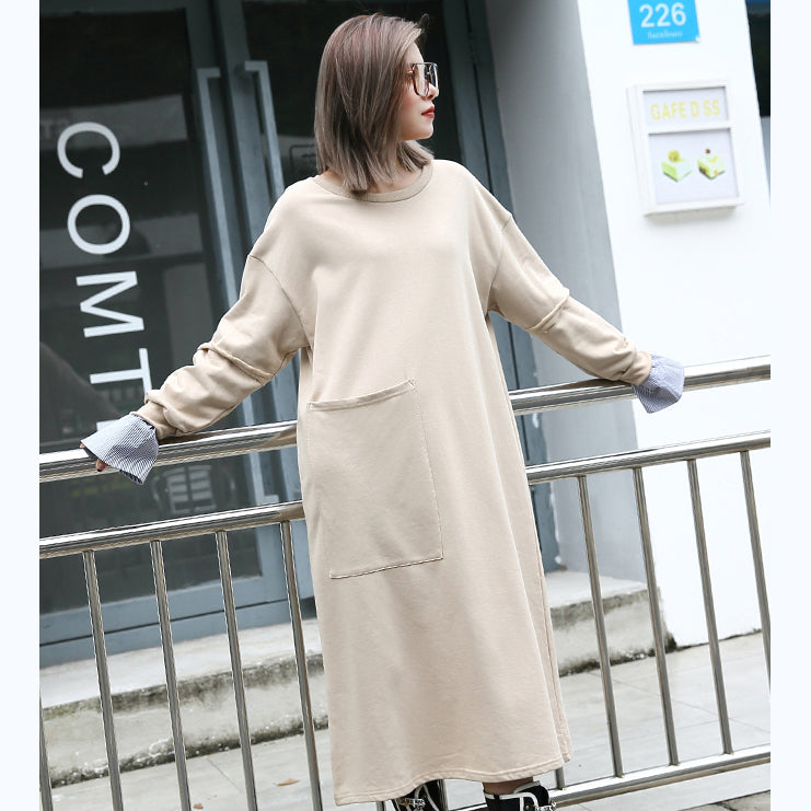 Baggy Khaki Cotton Caftans Clothing O Neck Traveling Clothing Pockets Patchwork Autumn Dress