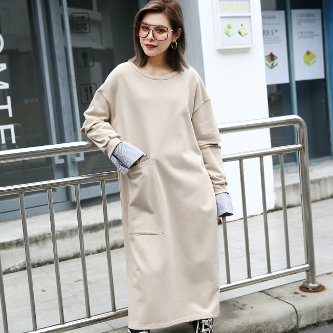 Baggy Khaki Cotton Caftans Clothing O Neck Traveling Clothing Pockets Patchwork Autumn Dress