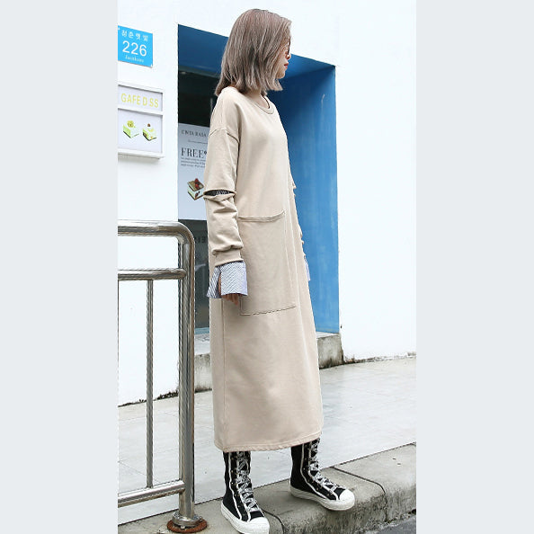 Baggy Khaki Cotton Caftans Clothing O Neck Traveling Clothing Pockets Patchwork Autumn Dress