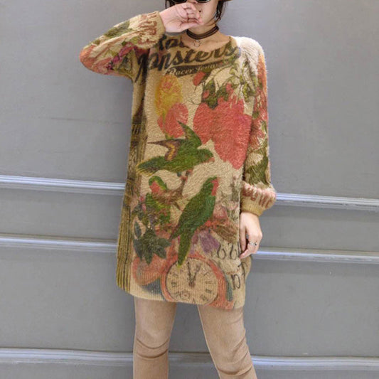 Baggy Loose Bird Print Woolen Blended Sweater Tops Elastic Knit Pullover