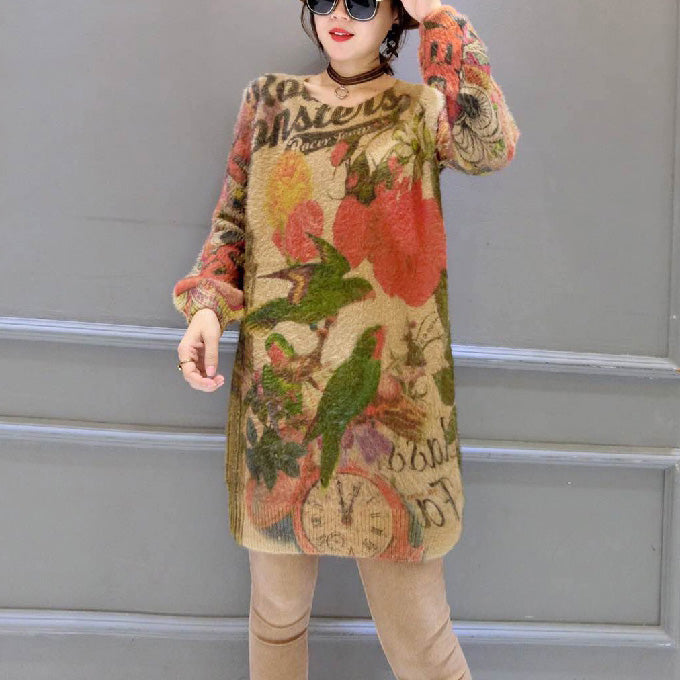 Baggy Loose Bird Print Woolen Blended Sweater Tops Elastic Knit Pullover