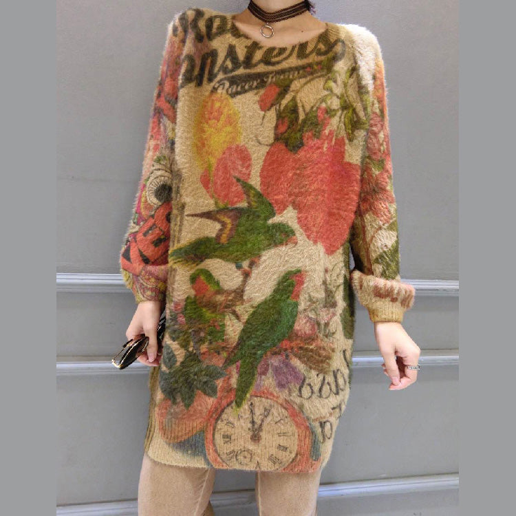 Baggy Loose Bird Print Woolen Blended Sweater Tops Elastic Knit Pullover