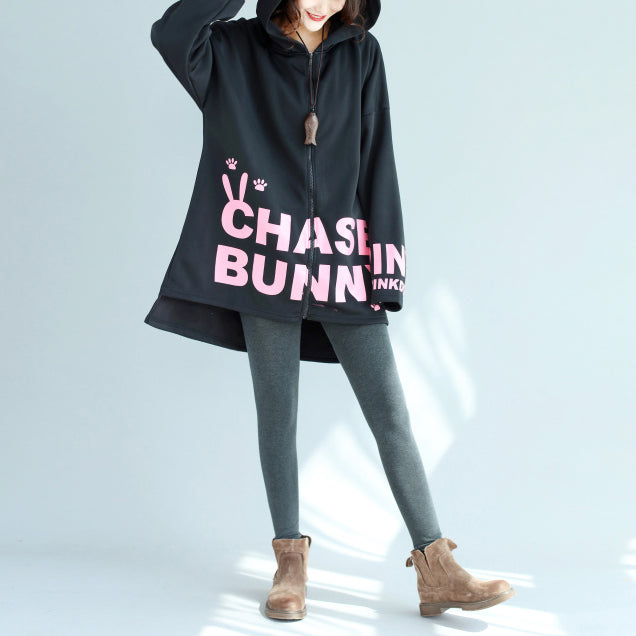 Baggy Loose Black Cotton Hooded Coats Winter Oversize Prints Outwear