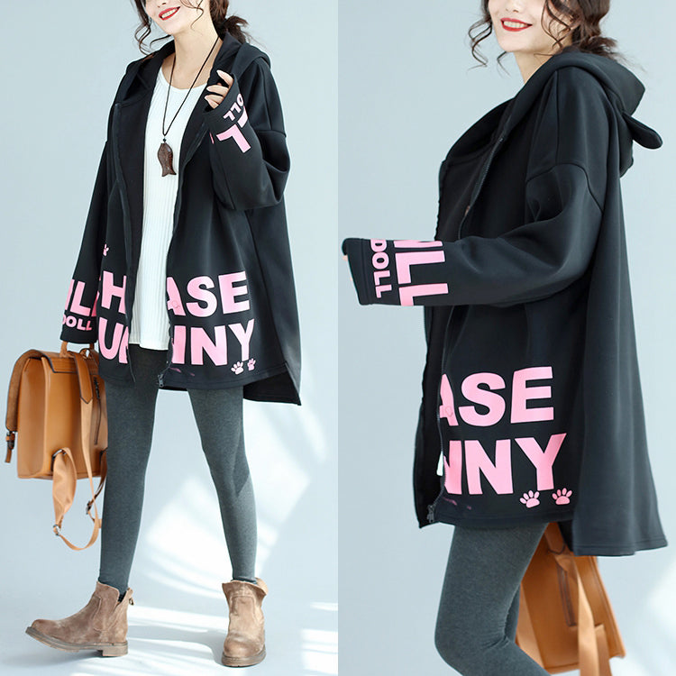 Baggy Loose Black Cotton Hooded Coats Winter Oversize Prints Outwear