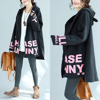 Baggy Loose Black Cotton Hooded Coats Winter Oversize Prints Outwear