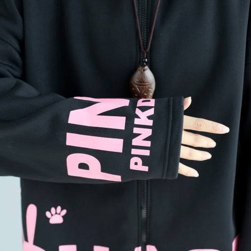 Baggy Loose Black Cotton Hooded Coats Winter Oversize Prints Outwear