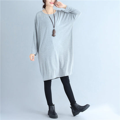 Baggy Loose Gray Cotton Dresses O Neck Cozy Autumn Traveling Dress