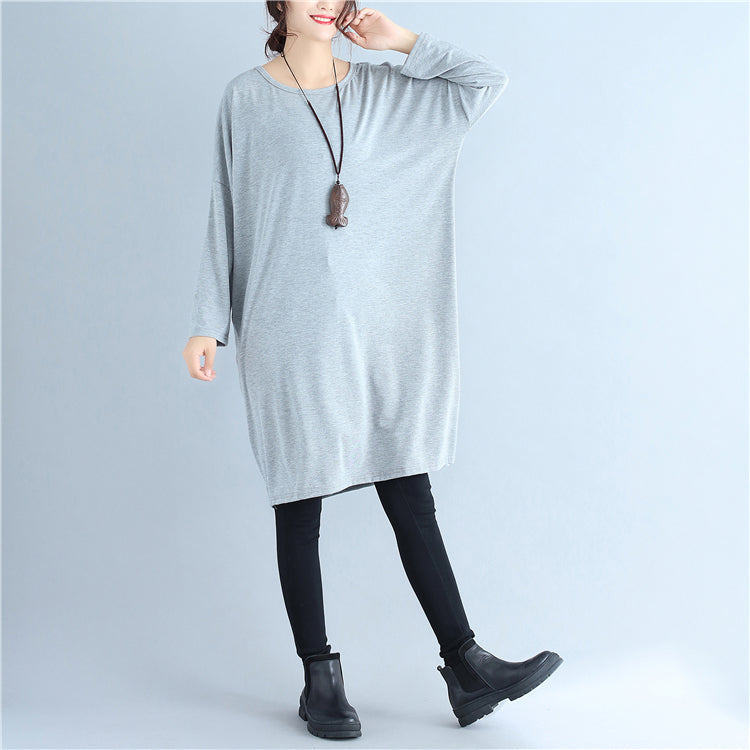 Baggy Loose Gray Cotton Dresses O Neck Cozy Autumn Traveling Dress