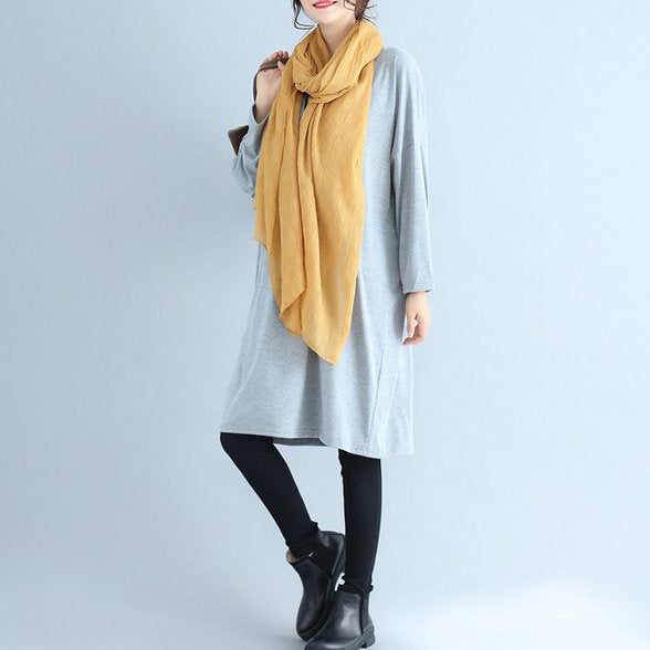 Baggy Loose Gray Cotton Dresses O Neck Cozy Autumn Traveling Dress