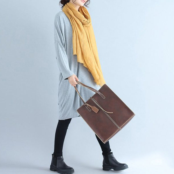 Baggy Loose Gray Cotton Dresses O Neck Cozy Autumn Traveling Dress