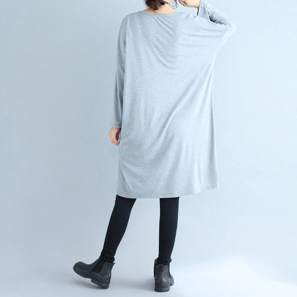 Baggy Loose Gray Cotton Dresses O Neck Cozy Autumn Traveling Dress