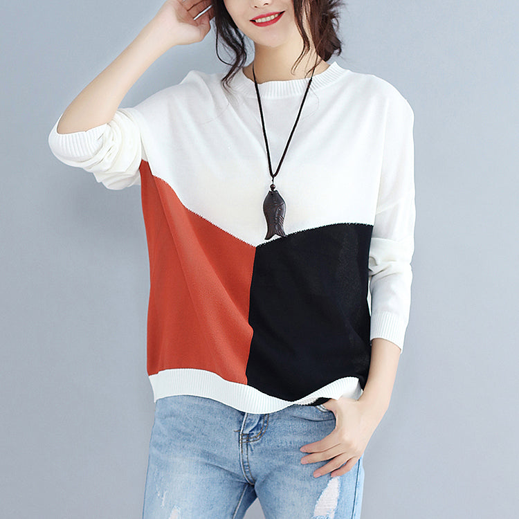 Baggy Loose Patchwork Autumn Woolen Knit Tops Long Sleeve Sweater Pullover