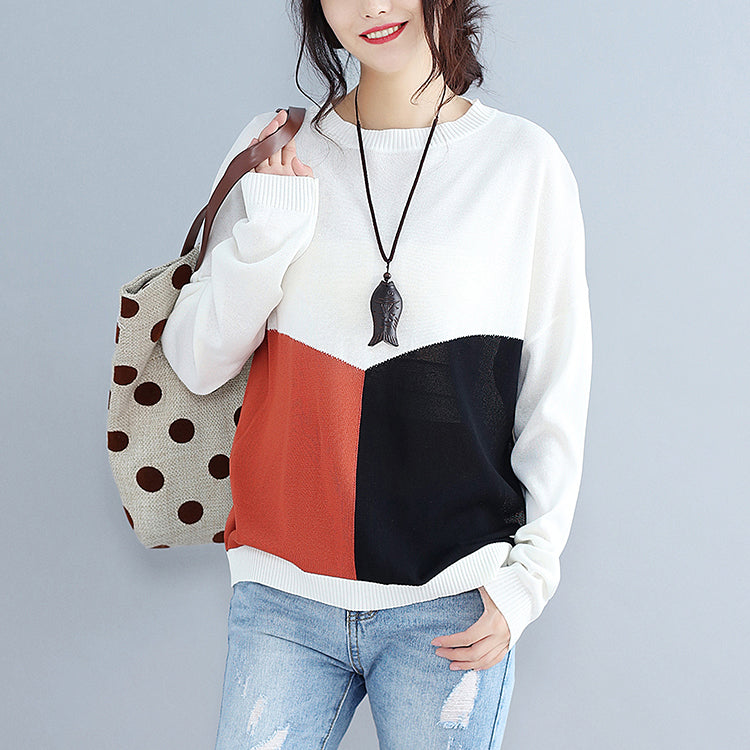 Baggy Loose Patchwork Autumn Woolen Knit Tops Long Sleeve Sweater Pullover