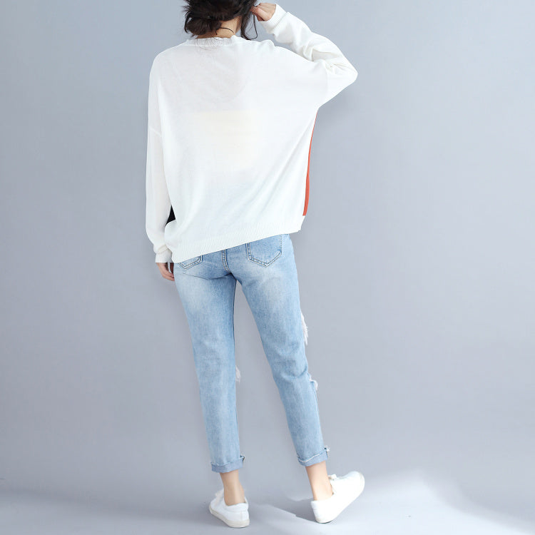 Baggy Loose Patchwork Autumn Woolen Knit Tops Long Sleeve Sweater Pullover