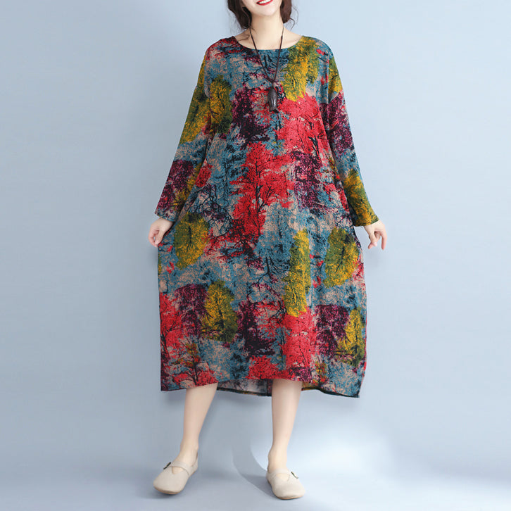 Baggy Multi-color Natural Linen Dress Prints Gown Fine O Neck Caftans