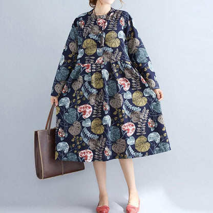 Baggy Navy Prints Linen Knee Dress Long Sleeve Patchwork Cotton Clothing