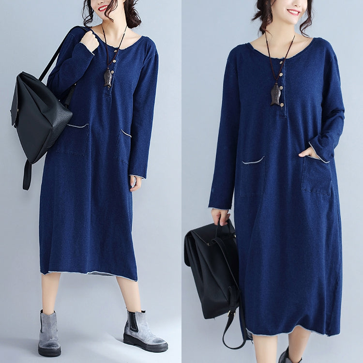 Baggy New Navy Knit Dresses Loose Long Sleeve Pockets Sweater Dress