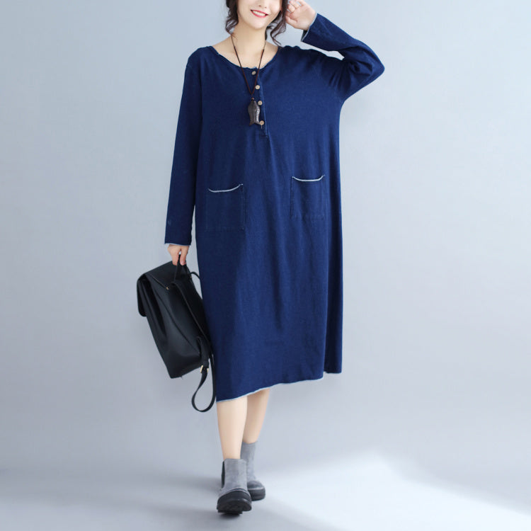 Baggy New Navy Knit Dresses Loose Long Sleeve Pockets Sweater Dress