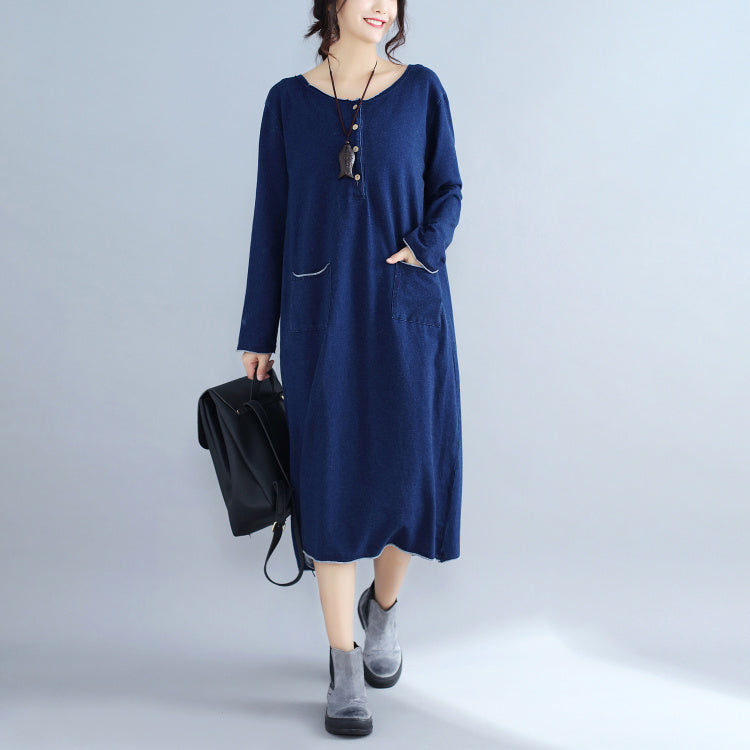 Baggy New Navy Knit Dresses Loose Long Sleeve Pockets Sweater Dress
