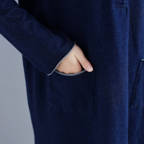 Baggy New Navy Knit Dresses Loose Long Sleeve Pockets Sweater Dress