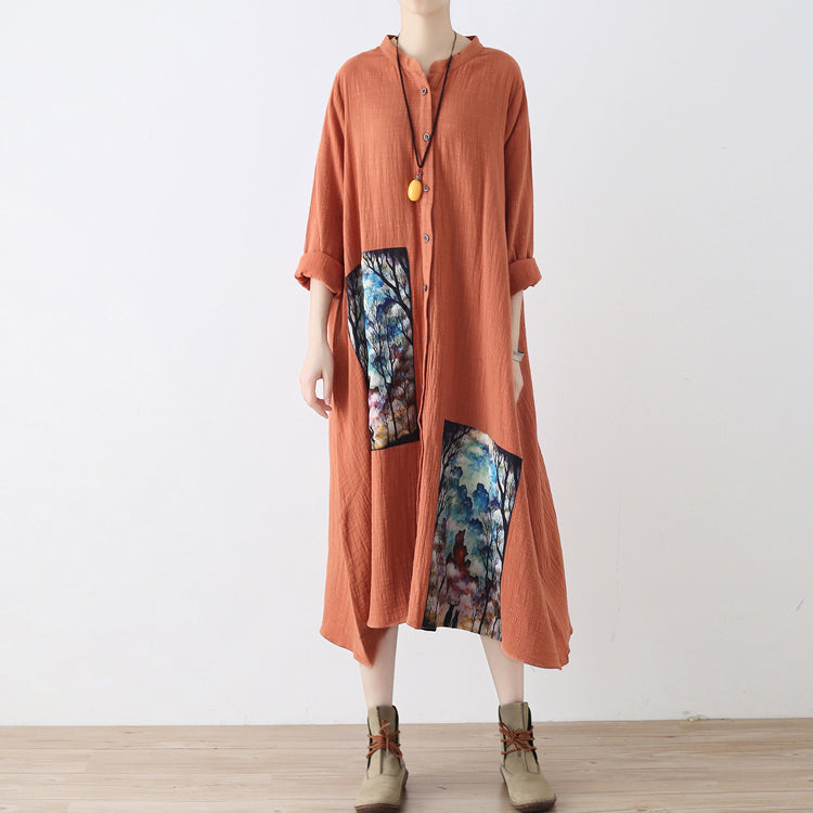 Baggy Orange Long Linen Shirt Dress Patchwork Gown Fine Asymmerrical Linen Caftans