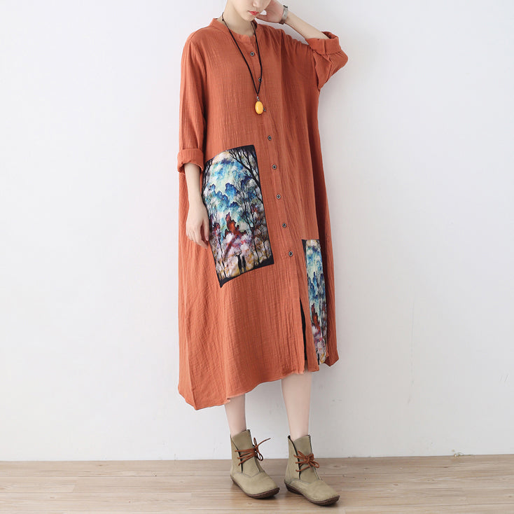 Baggy Orange Long Linen Shirt Dress Patchwork Gown Fine Asymmerrical Linen Caftans