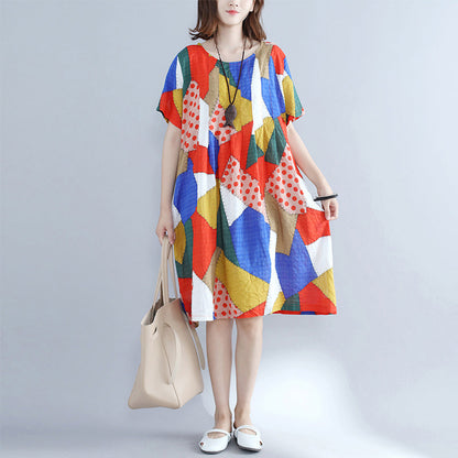 Baggy Orange Patchwork Cotton Shift Dress Oversized Cotton Clothing Dresses New O Neck Short Sleeve Natural Cotton Dress