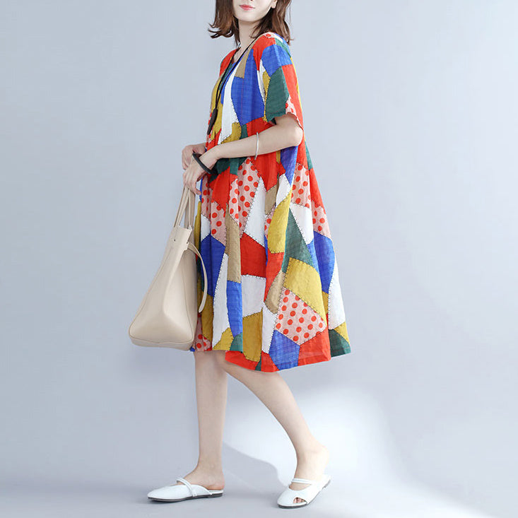Baggy Orange Patchwork Cotton Shift Dress Oversized Cotton Clothing Dresses New O Neck Short Sleeve Natural Cotton Dress