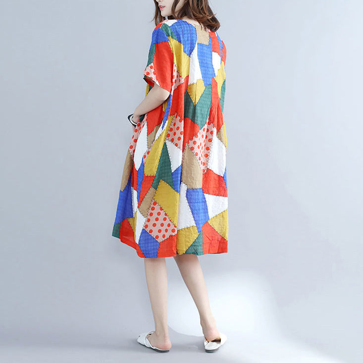 Baggy Orange Patchwork Cotton Shift Dress Oversized Cotton Clothing Dresses New O Neck Short Sleeve Natural Cotton Dress