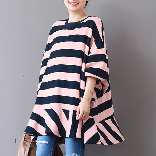 Baggy Pink Striped Cotton Vest Clothing Traveling Clothing Fine Patchwork O Neck Cotton Blouses
