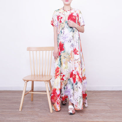 Baggy Prints Long Linen Dresses Oversized O Neck Linen Gown Boutique Chinese Button Long Dresses