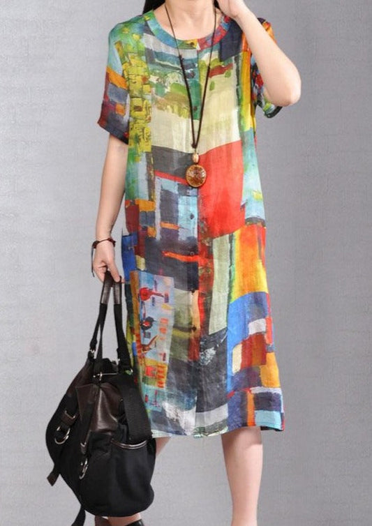 Baggy Pure Linen Dresses Loose Fitting Printed Single Breasted Short Sleeve Flax Dress