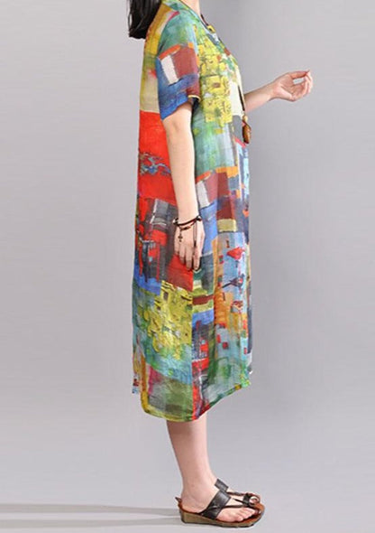 Baggy Pure Linen Dresses Loose Fitting Printed Single Breasted Short Sleeve Flax Dress