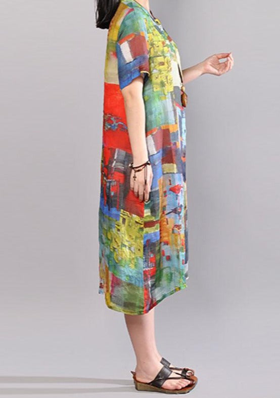 Baggy Pure Linen Dresses Loose Fitting Printed Single Breasted Short Sleeve Flax Dress
