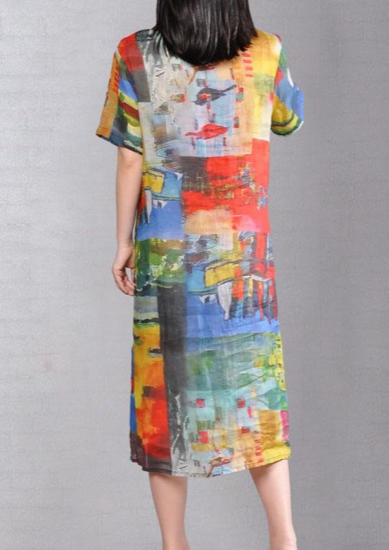 Baggy Pure Linen Dresses Loose Fitting Printed Single Breasted Short Sleeve Flax Dress