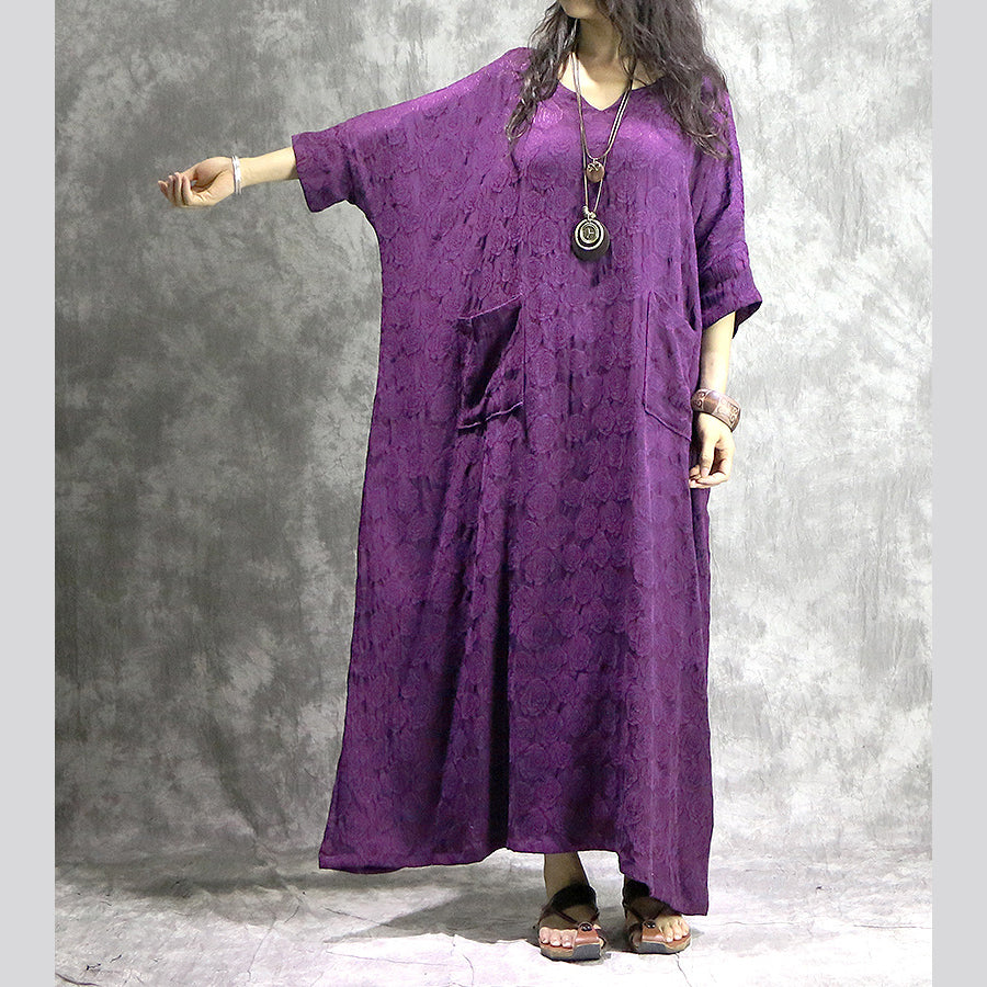 Baggy Purple Linen Dresses V Neck Baggy Gown Boutique Pockets Jacquard Autumn Dress