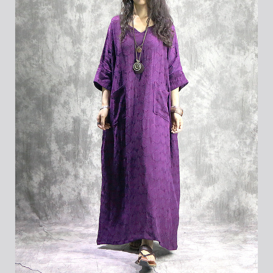 Baggy Purple Linen Dresses V Neck Baggy Gown Boutique Pockets Jacquard Autumn Dress